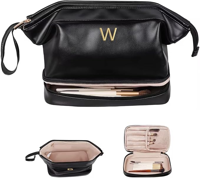 Personalized Graduation Gifts, Initial Large Makeup Bag, Personalized Double Layer Cosmetic Bag with Makeup Brush Organizer, Waterproof, Large Capacity PU Leather Toiletry Bag, Friend gifts