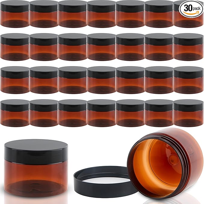 30 Pack 4 oz Amber Plastic Jars with Lids Empty Refillable Cosmetic Container for Beauty Essential Products Body Butter Creams Gel and Lotion