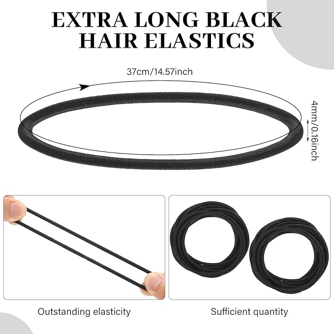 Dingion 80 Count Extra Long Hair Tie for Thick and Curly Hair Elastic Ponytail Holders for Women No Metal Bands Accessories(Black)