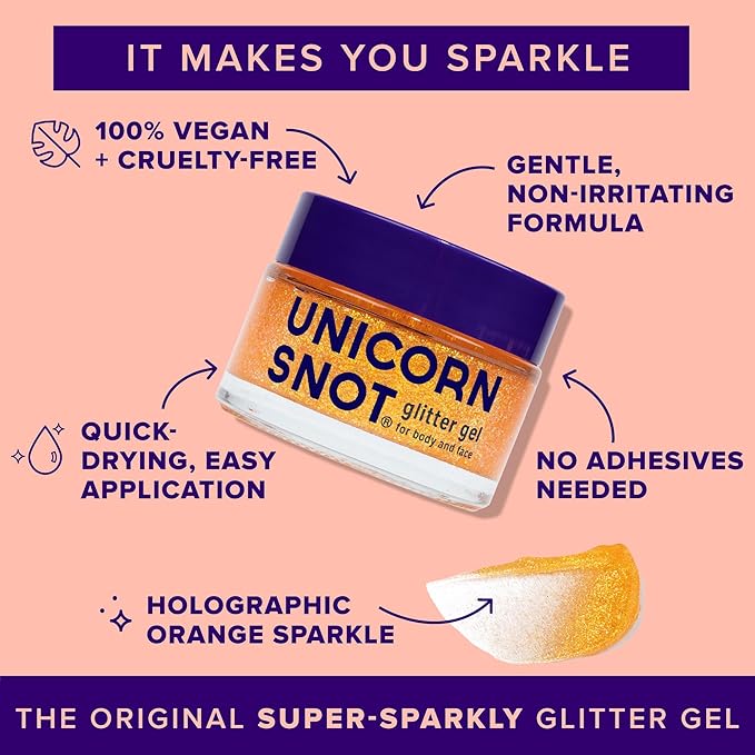 UNICORN SNOT Holographic Face Glitter & Body Glitter Gel | Holiday Glitter Makeup: Stocking Stuffers & Christmas Gift | Hair Glitter, Vegan & Cruelty-Free, 1.7 oz Orange Glitter (Fire)