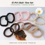 12Pcs Silk Scrunchies Hair Ties Set, No Damage Cotton Seamless Hair Bands for Women & Girls, 2.36 Inches Large Nylon Ponytail Holders
