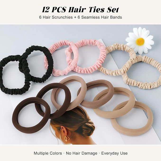 12Pcs Silk Scrunchies Hair Ties Set, No Damage Cotton Seamless Hair Bands for Women & Girls, 2.36 Inches Large Nylon Ponytail Holders