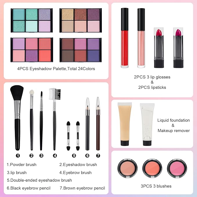 Makeup Kit for Teen Girls, Complete Cosmetic Set with Eyeshadow Palette, Lipstick, Blush, Lip Gloss, Brushes, Gifts for Christmas Thanksgiving