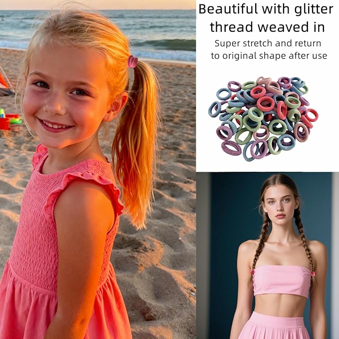 Mini Small Glittering Hair Ties All Hair Types Seamless Glitter Hair Ponies Elastics Ponytail Holders Hair Scrunchies Hair Accessories Baby Girls Kid Children 100 pcs