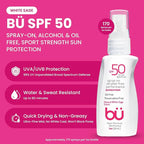 BU SPF 50 Sunscreen Spray for Face and Body, Non Aerosol Spray, TSA Travel Size Sunscreen, Clear, Non Greasy, Water Resistant, White Sage 1 oz (3 Pack)