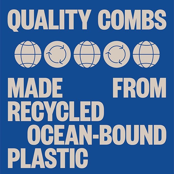 WAVEY Quality Hair Comb for Men and Women, Recycled Ocean Plastic, 7 Inches length perfect for home and travel, Wide and Fine Tooth for thick, thin, wavy, straight and curly hair styling - BLUE