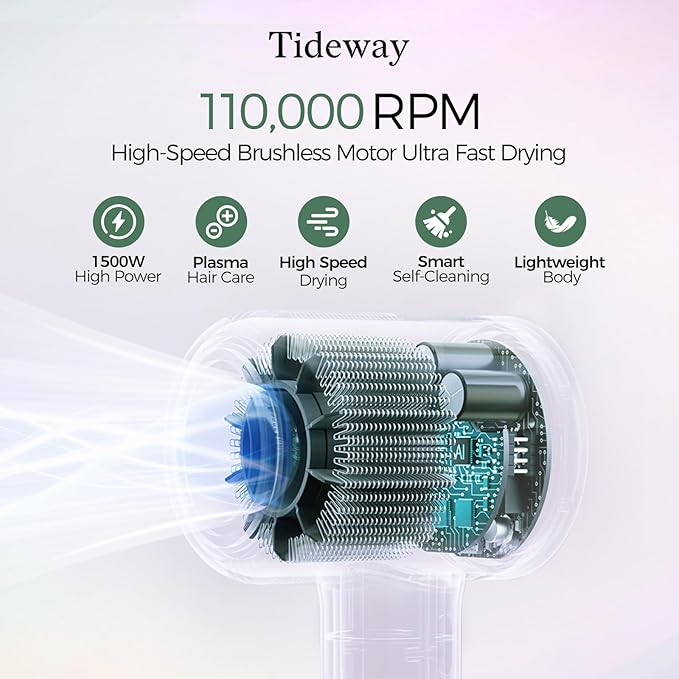 Tideway Hair Dryer, Blow Dryer with Diffuser High-Speed Plasma Ionic Low Noise for Fast Drying, Travel Hair Dryer for Women and Man, Curly/Wavy & Long/Thick Color-Treated Hair H11