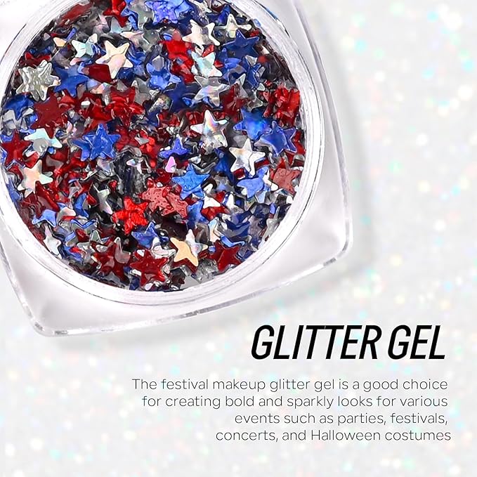 Red White Blue Face Body Hair Glitter Gel, USA Flag Pride 4th of July Patriotic Accessories Face Paint Glitter Makeup, 6 Kinds of Sparkling Sequins for Independence Day Patriotic Veterans Day