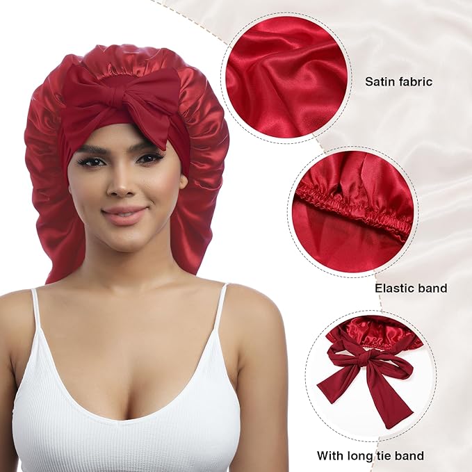 AWAYTR Long Satin Bonnet for Braids - Elastic Silk Hair Bonnets for Sleeping Night Cap Stretchy Tie Band for Women（Wine Red）