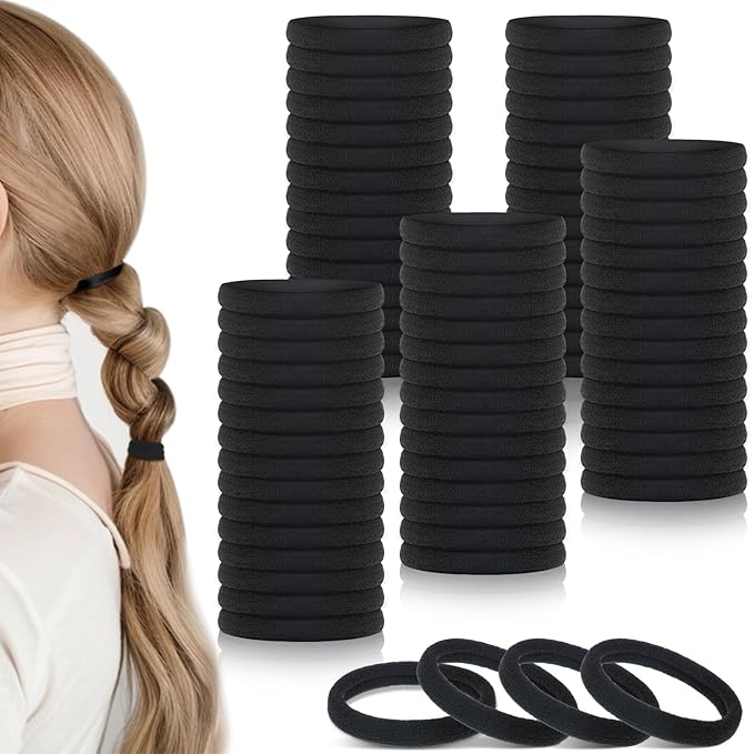 obeoby 100PCS Hair Ties for Thick Hair, Seamless Nylon Elastic Ponytail Holders, Bulk Black Hair Bands & Elastics for Women Girls