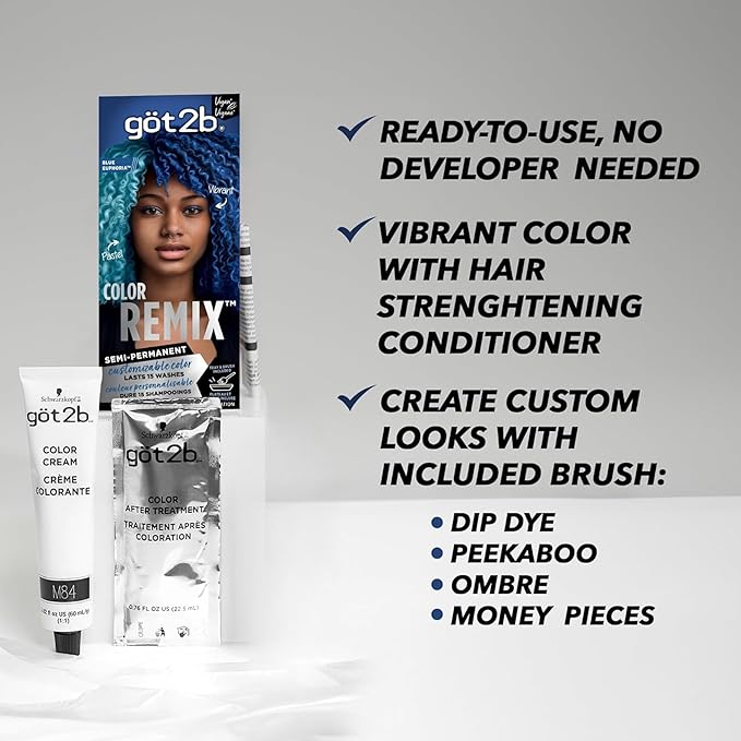 got2b Color Remix Semi-Permanent Hair Color, Blue Euphoria 095, Customizable Temporary Hair Dye to Create A Vibrant or Pastel Shade, Easy At-Home Application, Lasts Up to 15 Washes