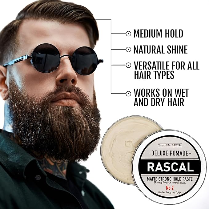 Original Rascal Deluxe Pomade for Men #2 - Matte Hair Paste with Strong Hold & Light Shine - Men's Styling Solutions Products for All Hair Types - Natural Infused with Beeswax & Lanolin Wax
