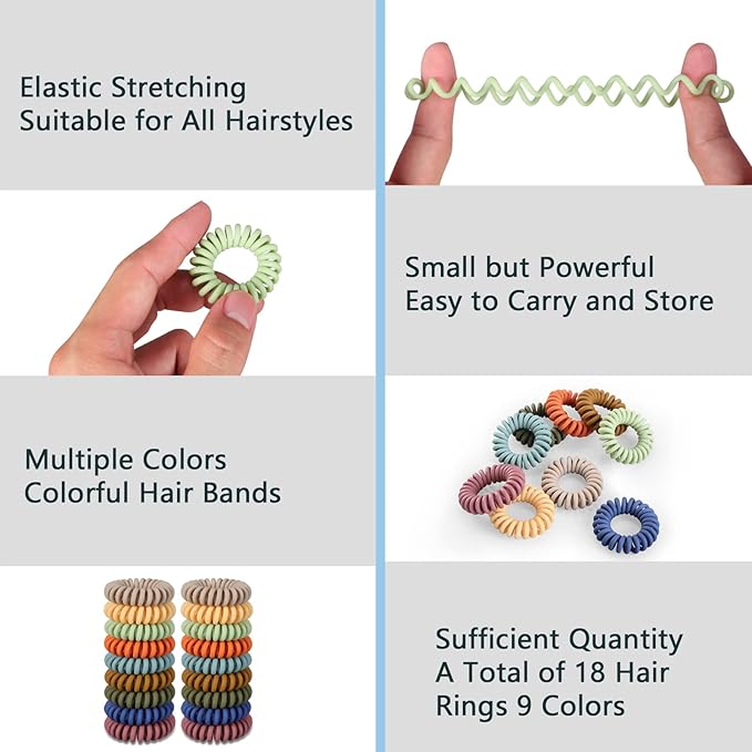 Teqifu18 Pack Hair Elastics, No Crease Spiral Hair Ties Hair Bands Matte Color Waterproof Phone Cord Hair Scrunchies Hair Coils Accessories for Women Girls
