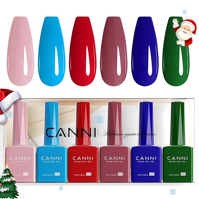 CANNI 6Pcs 9ml Gel Nail Polish Set- Pink Blue Red Deep Emerald Green Light Blue Gel Polish Kit Colors DIY at Home Salon Christmas New Year's Gifts for Girls