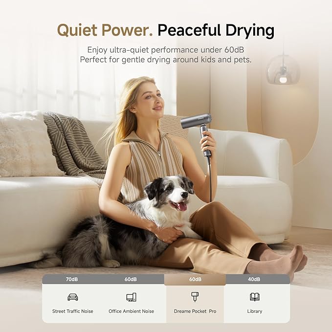 Dreame Pocket Pro Hair Dryer, Dual Voltage Travel Blow Dryer with Diffuser, 1300W Professional HighSpeed Ionic Hair Blower, Fast Drying, Low Noise, Lightweight, No Heat Damage, Global Travel 120V/240V