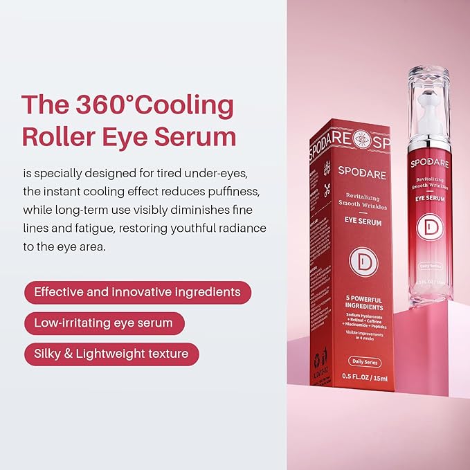 Caffeine & Retinol Eye Serum for Dark Circles, Puffiness and Wrinkles, Under Eye Cream with Hyaluronic Acid, Niacinamide & Peptides, Roller Serum with 360°Massage Ball - 0.5 fl. oz