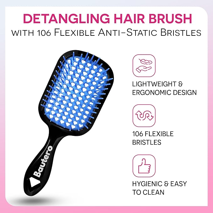 Bautero Brush Detangler Brush for Wet & Dry Hair, Pain-Free Brushing on All Hair Types, Knot Removal, Vented Hair Brush, Mizuiro Ocean