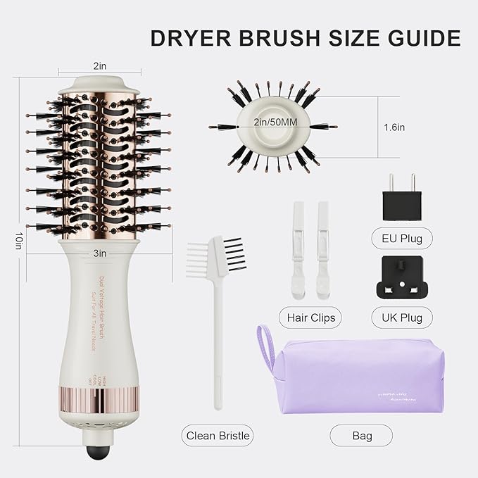 4-in-1 Travel Dual Voltage Hair Dryer Brush Blow Dryer Brush,Portable 2 inch Mini Hot Air Brush,Travel Hair Styler/Volumizer/Straightener/Curler,110-240V European Blow Dry Brush with EU&UK Plug