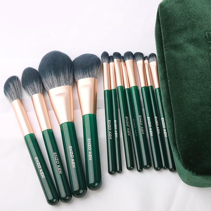 Natural Fiber & Goat Hair Makeup Brush Set Professional, Combined Hair Makeup Brushes Set with Case by Luxury ENZO KEN, Emerald Green Cosmetic Brushes Makeup Set, Natural Bristle Makeup Brushes.