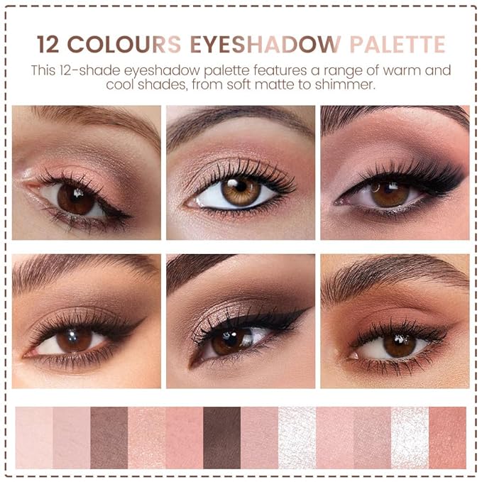 AMY'S DIARY 12 Colors Nude Eyeshadow Palette – Matte & Shimmer Natural Warm Tones for Everyday Makeup – Long-Lasting Blendable Soft Pigment Eye Shadow Set for Brown Eyes