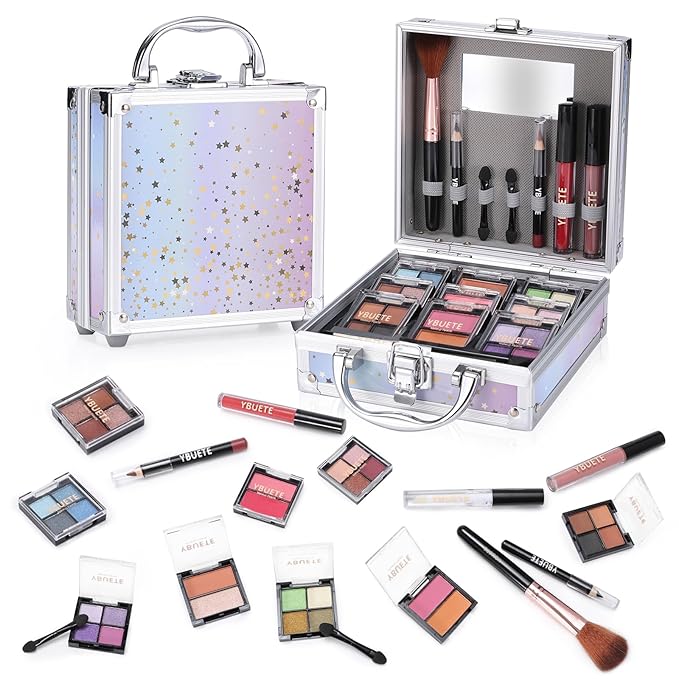 Beginner Makeup Set for Teen Girl Women, Makeup Present for Her, Makeup Kit with Cosmetic Train Case Contained Eyeshadow Blush Lip Gloss and Oil Lip Liner Eyeliner Brushes Mirror (Purple)