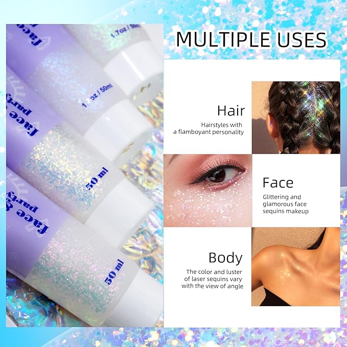 DAGEDA Body Glitter Gel, Holographic Face Glitters Body Gel Shimmer Liquid Eyeshadow, Color Changing Glitter for Face Hair Nails, Glitter Under Light Festival Glitter Makeup 1.7oz (Mystic Purple)