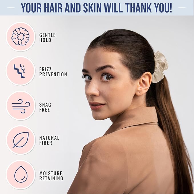Blissy Silk Scrunchies (3 Pack) - 100% Pure Mulberry Silk - 22 Momme 6A High-Grade Fibers Scrunchie for Straight & Curly Hair - Preventing Breakage, Tangling, & Creasing (Champagne Regular)