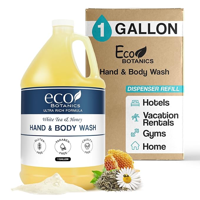Terra Pure 1-Shoppe Eco Botanics Natural Hand and Body Wash with Raw Honey & White Tea | Gallon Jug Bulk Toiletries for Airbnb, Vacation Rentals, and Home Bathroom | Refill For Soap Dispensers