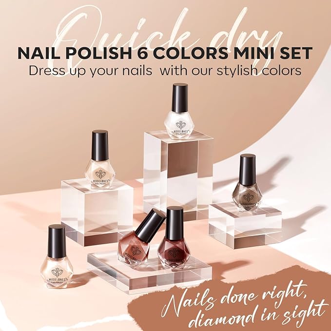modelones Nail Polish Set 6 Colors, Fall Winter Brown Nude Silver Glitter Nail Polish Skin Tone Collection Quick Dry Mini Manicure DIY Nail Art Salon Home Gifts For Women Girl