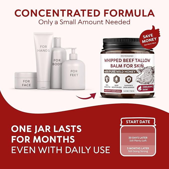 Beef Tallow for Skin - Whipped Tallow and Honey Balm - Grass Fed Beef Tallow for Face, Daily Moisturizer & Body Butter - Natural Non Comedogenic Skincare (4.3 oz)