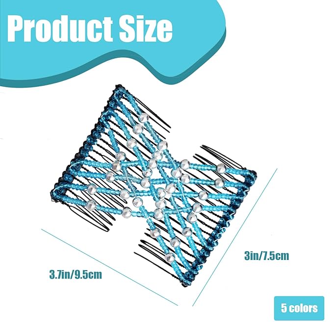 5 Pieces Magic Hair Comb Stretchy Double Comb Elastic Beaded Hair Clips for Women Girls Vintage Hairstyle Multipurpose Hair Accessories (Black, Brown, White, Purple, Blue)
