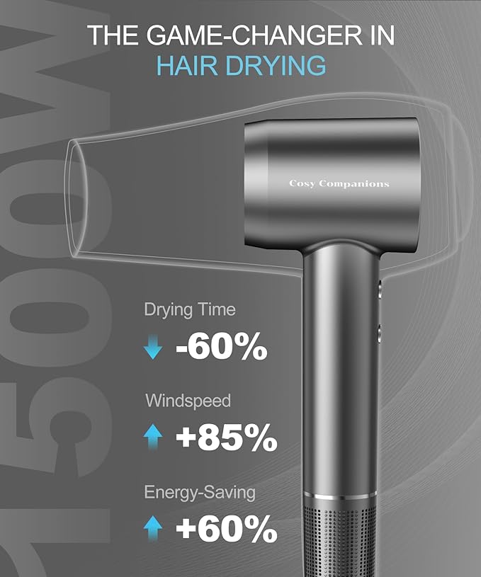 Cosy Companions Hair Dryer - Negative Ionic Blow Dryer with 150000 RPM High Speed Brushless Motor for Fast Drying, Low Noise, HD Display Hair Dryer with Diffuser and Nozzle, 5 Temps & 2 Speeds