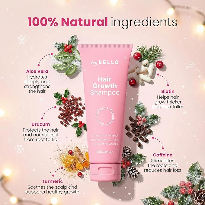 Trybello Hair Growth Shampoo | Natural Hair Thickening & Scalp Detox | Sulfate Free, Vegan, Anti-Hair Fall Formula | Caffeine, Aloe Vera, Turmeric, and Urucum Extract | For Any Hair Type