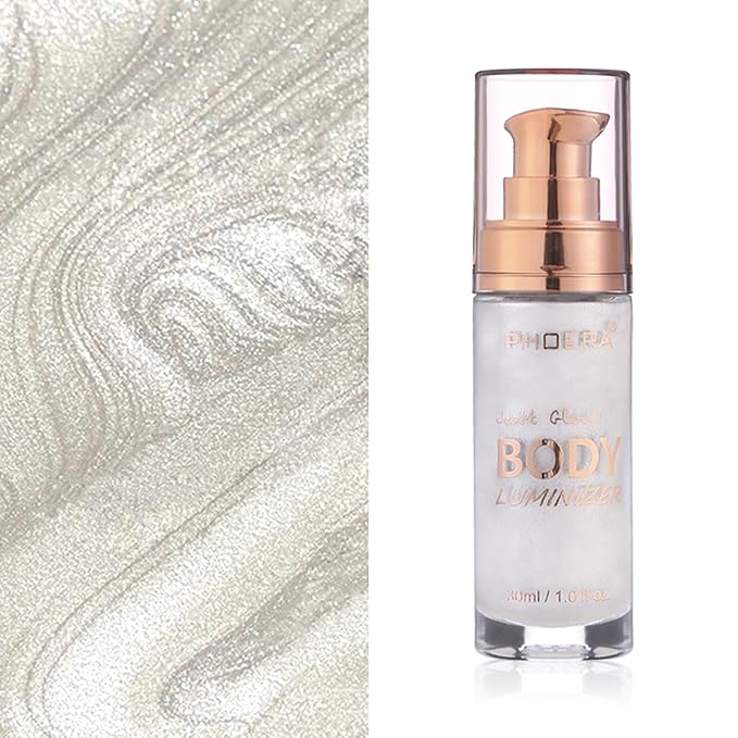 Body Shimmer Oil, Diamond Platinum Natural Glow Luminizer, Long Lasting Waterproof Moisturizing Liquid Illuminator Highlighter Makeup for a Sun-Kissed Glow, Brush Include, 1oz, Light Fair