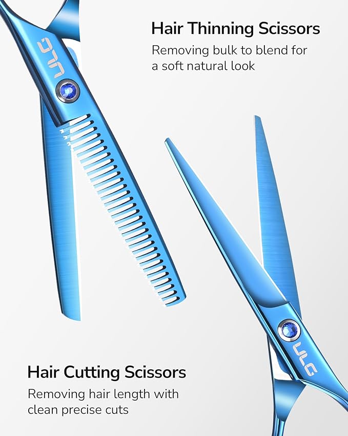 ULG Hair Cutting Scissors Thinning Shears Kit Professional Barber Hairdressing Texturizing Salon Razor Edge Scissor Japanese Stainless Steel 6.5 inch Blue