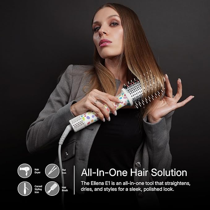 Ellena E1 Blow Dryer + Straighten Hair Brush Dual Mode, Hot Air Brush with 110000RPM High Speed Brushless Motor/Oval Air Barrel/3D Teeth Heated Comb/Handheld Cored, Styler Tool for All Hair Types