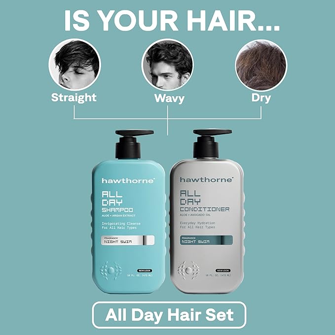 Hawthorne All Day Men's Shampoo and Conditioner Set. Sulfate Free Shampoo and Conditioner with Pure Avocado Oil and Aloe For Stronger, Healthier Hair. Night Swim Cologne Scent. 16 fl. oz. each.