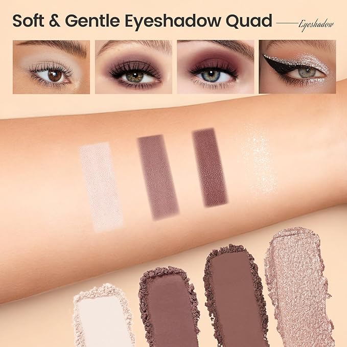 Noerrors Plum Light Burgundy Eyeshadow Quad Palette, Nude Beige Brown Taupe Mauve Natural Matte Eyeshadow for Older Women, Silky Fine Powder Lightweight Blendable Neutral Shimmer Eye Makeup Palette