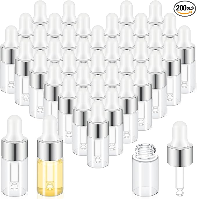 200 Pcs Mini Glass Oil Dropper Bottle Bulk, Clear Essential Small Empty Bottles Sample Containers Perfume Liquid Vials with Cap for Traveling (3 ml,Silver)