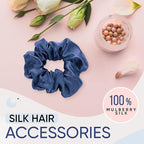 Blissy Silk Scrunchies (3 Pack) - 100% Pure Mulberry Silk - 22 Momme 6A High-Grade Fibers Scrunchie for Straight & Curly Hair - Preventing Breakage, Tangling, & Creasing (Blue Regular)