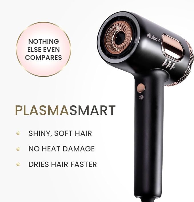 ELLA BELLA® Professional Smart Plasma Hair Dryer with Diffuser • Advanced Plasma Technology Blow Dryer • Intelligent Heat Control & Wind Speeds • Suitable All Hair Types
