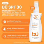 BU SPF 30 Sunscreen Spray for Face and Body, Non Aerosol Spray, Clear WOWmist, TSA Travel Size Sunblock, Oil Free and Water Resistant for Sensitive Skin, Natural Citrus 3.3 oz