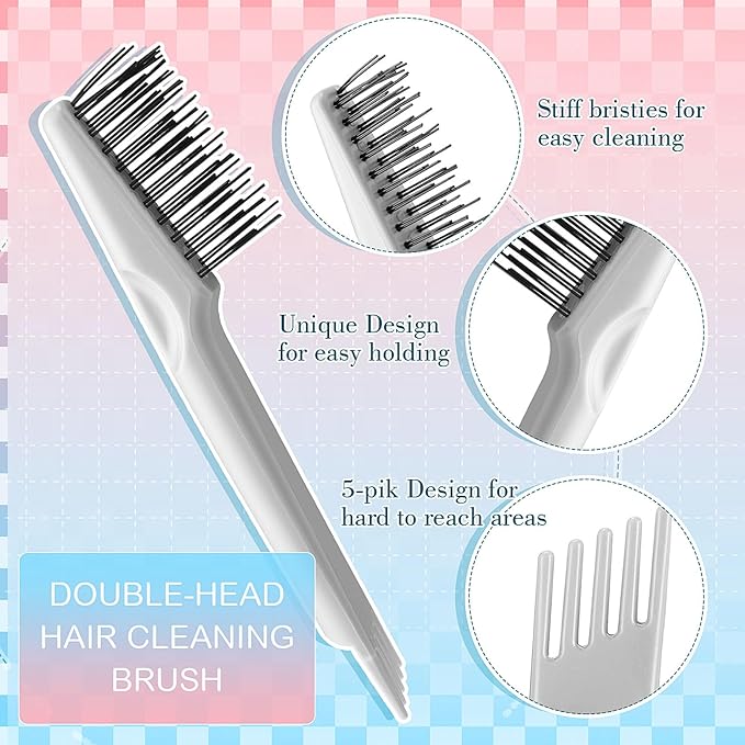 Boao 2 Pieces Hair Brush Cleaning Tool Comb Set 2-in-1 Mini Hair Brush Dirt Remover with Metal Wire Rake for Removing Dust Home and Salon Use (Pink and Gray)