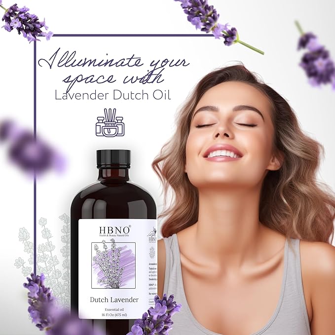 HBNO Lavender Dutch Oil - 16 oz (475 ml) Large Size - Ideal for Shampoos, Conditioners, Mouth Washes, Face wash, Lotions, and Skin Care Products (Glass Bottle).