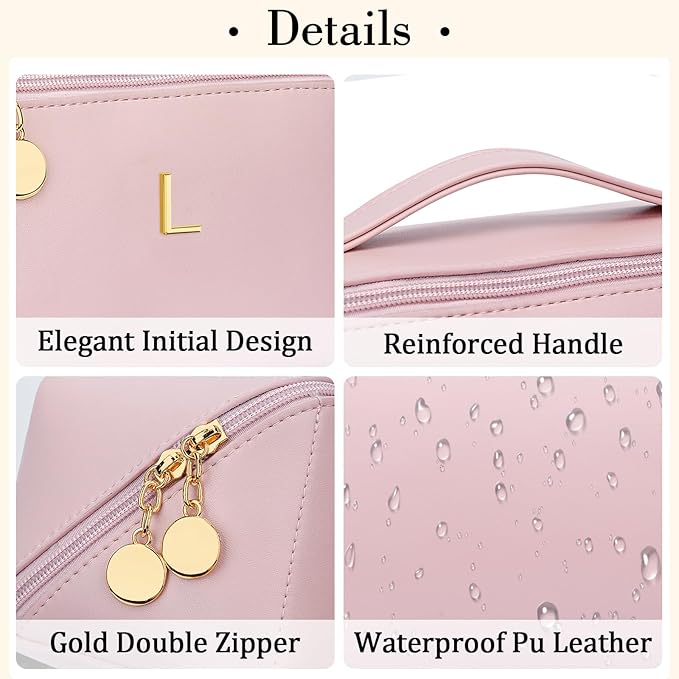 Birthday Gifts for Women Teen Girl, Personalized Initial Makeup Organizer Bag Set, Open Flat Travel Cosmetic Bag With Clear Divider and Handle(Pink,L)