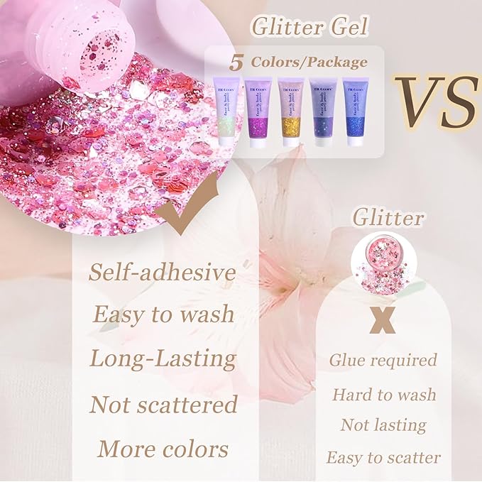 Face Body Glitter, Hair Glitter Sparkles Chunky Face Glitter Gel for Girls Makeup Singer Concerts Mermaid Festival Sequins Face Paint (White+Rose+Gold+Blue+Purple)
