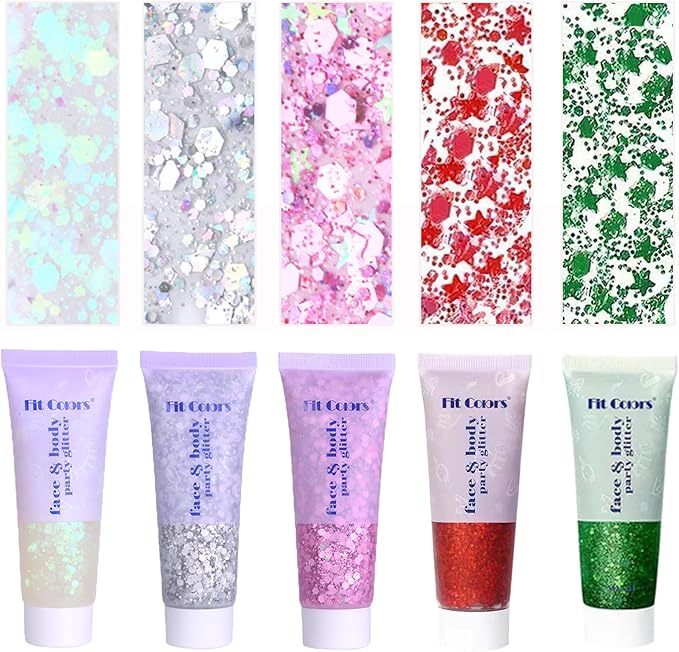 Face Body Glitter, Hair Glitter Sparkles Chunky Face Glitter Gel for Girls Makeup Singer Concerts Mermaid Festival Sequins Face Paint (White+Silver+Pink+Red+Green)