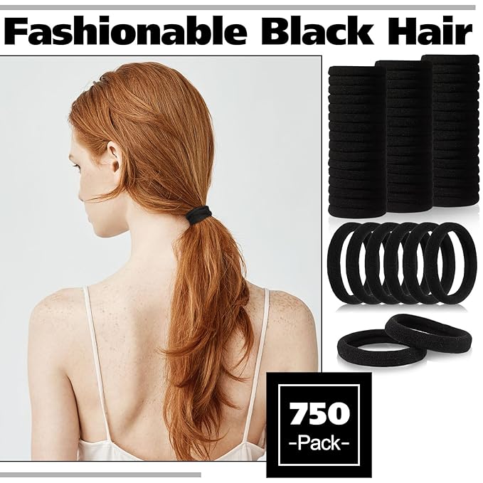 Chuangdi 750 Pcs Large Hair Ties Bulk Elastics Hair Bands Set Cotton Seamless Ponytail Holders Soft Hair Scrunchies for Thin Thick Curly Wavy Hair (Black)