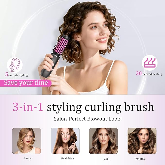 Cordless Curling Iron, Portable Hair Straightening, Cordless Hair Curler Anti-Frizz with Negative Ions, 3-in-1 Crimper Hair Tool, Rechargeable Wave Curling Wand - Rose Grey