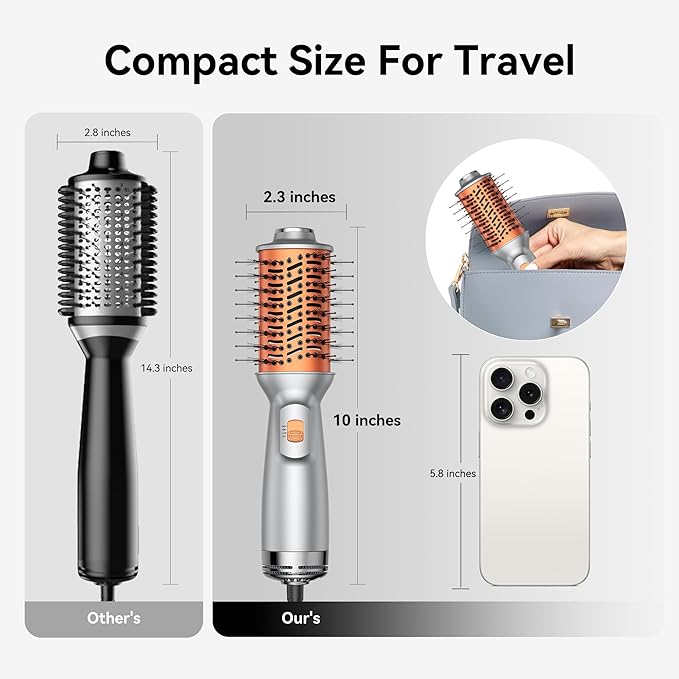 Double Voltage Mini Hair Dryer Brush,Traval Hair Brush 100-240V,3 Heat & 2 Speed Settings Oval Barrel Thermal Brush,Blow Dryer Brush for Dry,Straightening,Voluming